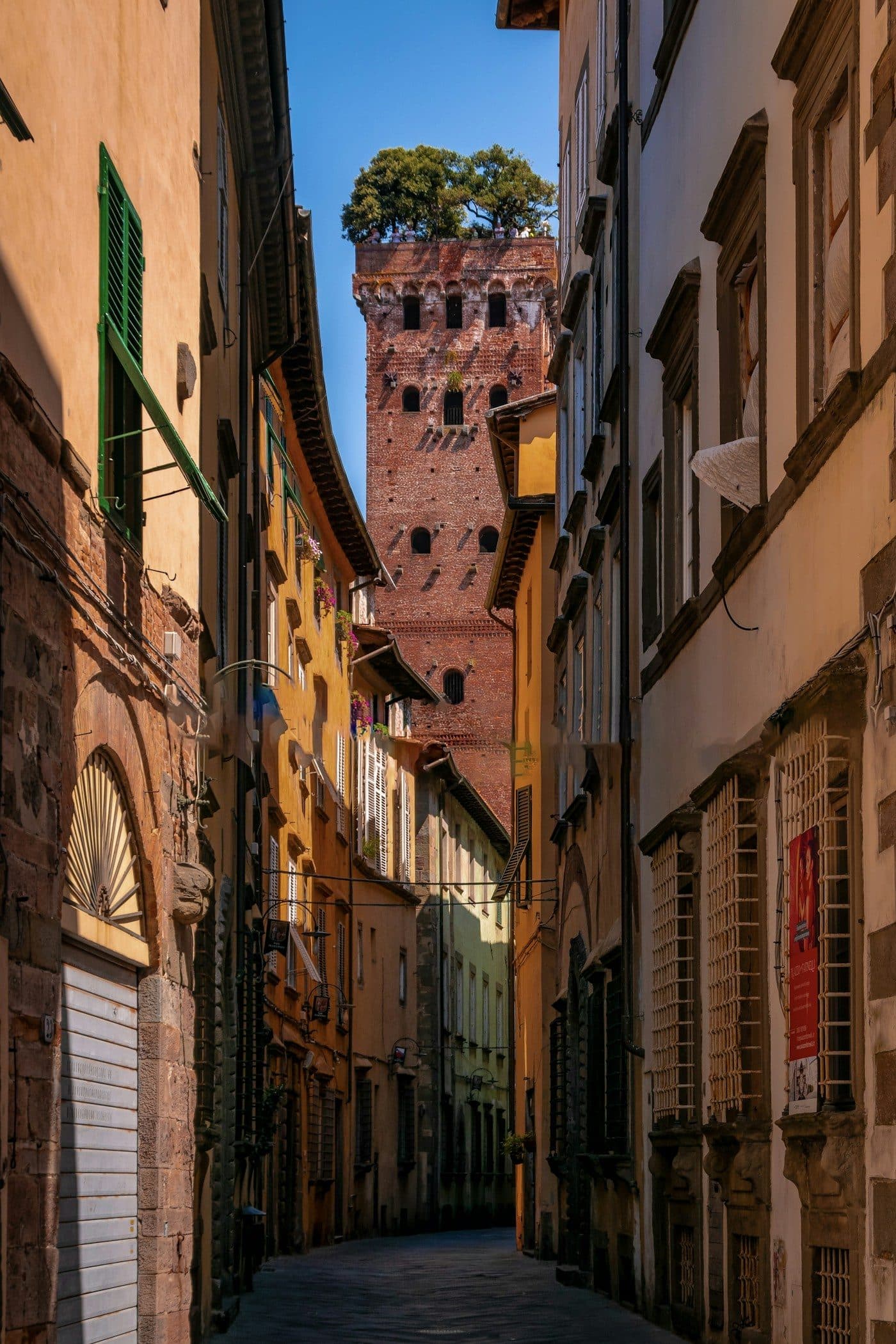 A narrow alley in Lucca leading to the tree-topped Guinigi tower