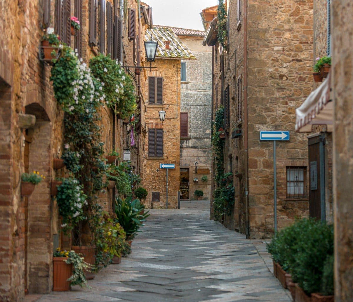 A narrow alley with potted plants in a Tuscan wine village