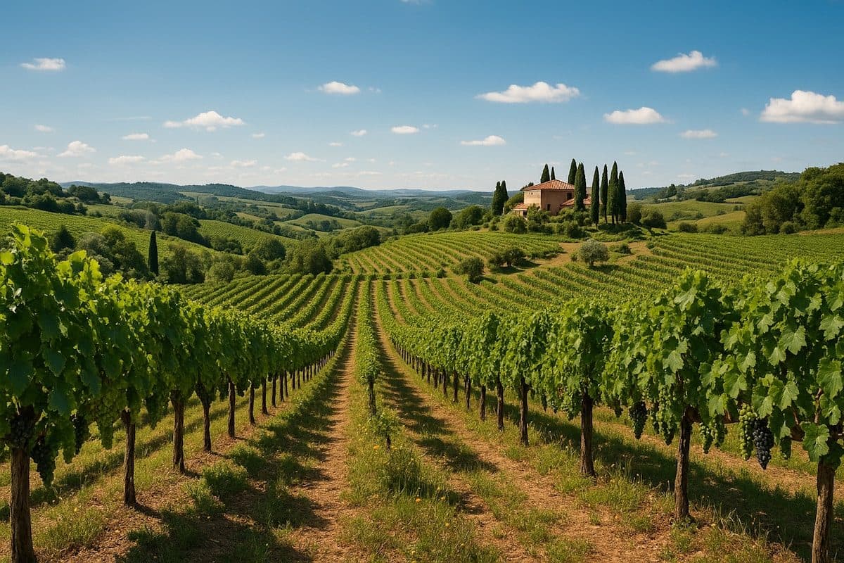 A Tuscan villa above rows of vineyard in the Chianti hills