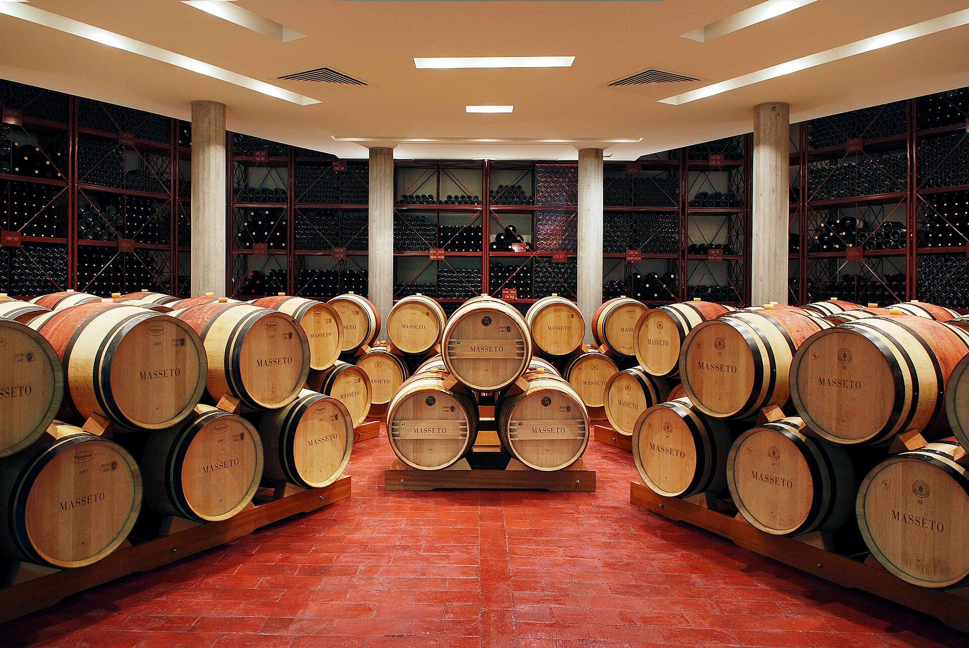 The barrel cellar at Masseto, rows of oak barriques stamped with the estate name in front of a wall of racked bottles