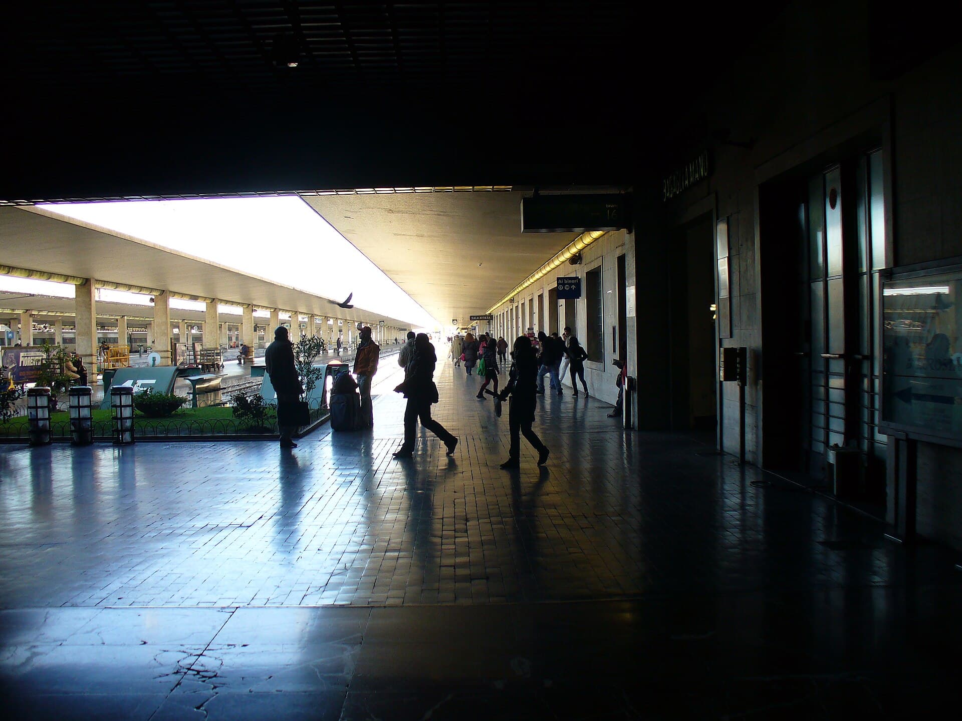 The wide covered concourse across the head of the platforms at Firenze Santa Maria Novella, with travellers and suitcases, an Ai binari sign and a left luggage office