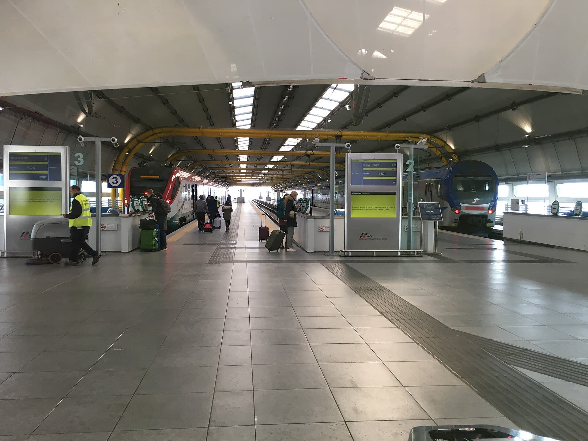 Trains at the platforms of the railway station inside Fiumicino airport