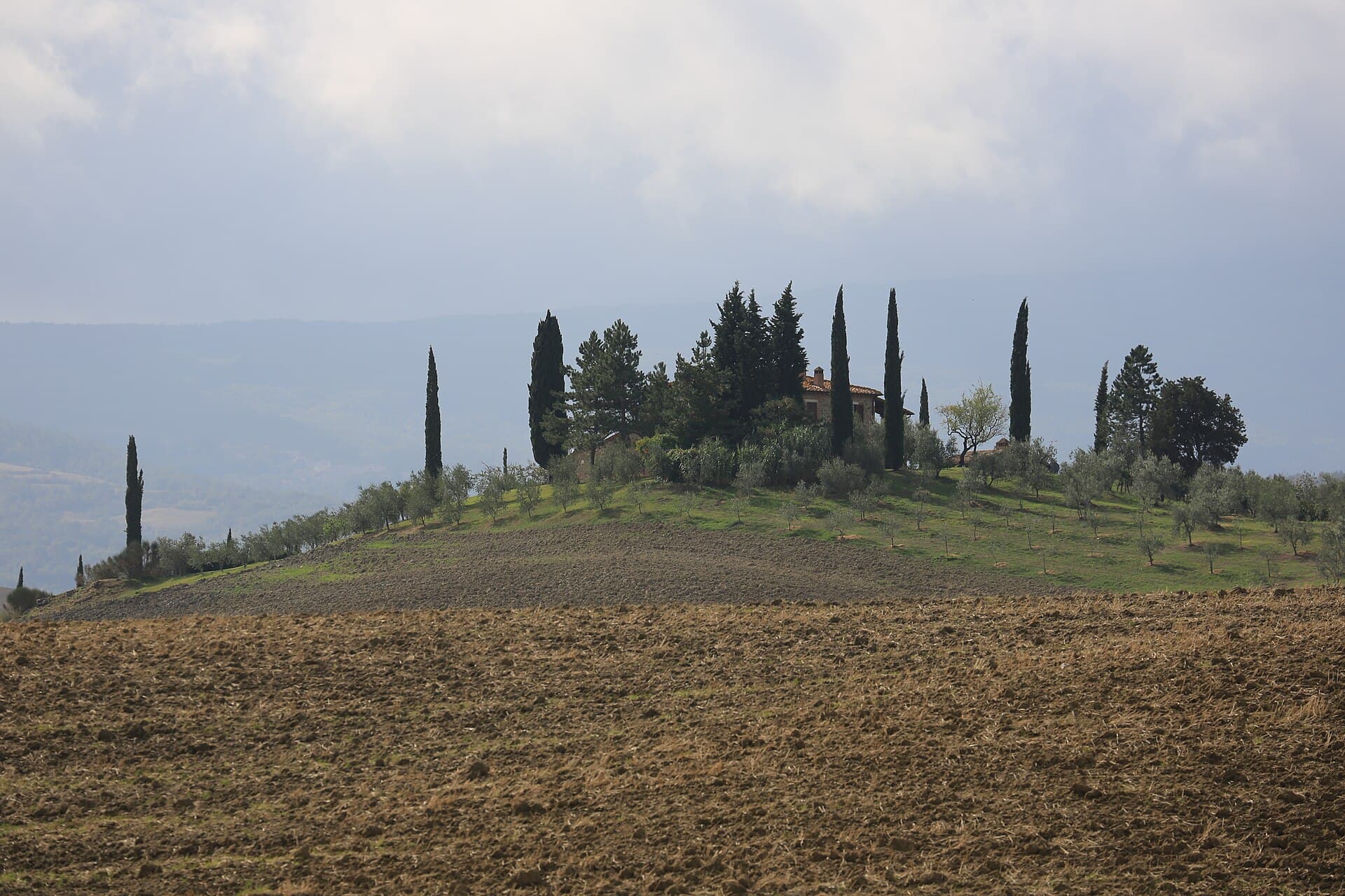 A ploughed field in the foreground and a low hill behind it with a stone farmhouse among cypresses and olive trees, hazy hills beyond, in the Val d'Orcia